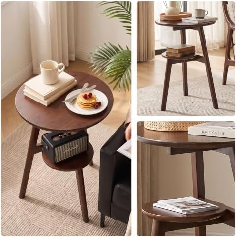 Ikebana Side Table, 2-Tier Round Solid Wood End Table - Image 3