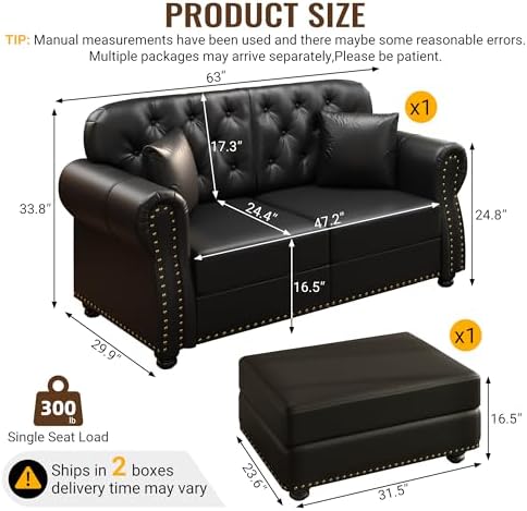 KEIKI 63" Faux Leather Chesterfield Sofa - Image 2