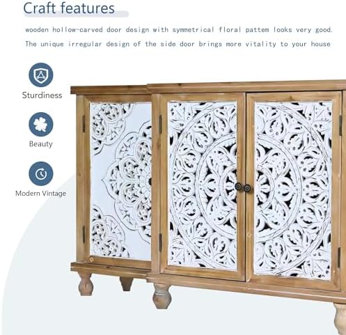LKTART 63" Solid Wood Sideboard Buffet, Carved Credenza Storage Cabinet - Image 5