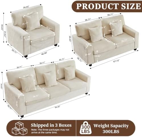 Loveseat & 3 Seater Couch with Chair Chenille Couch Set - Image 2