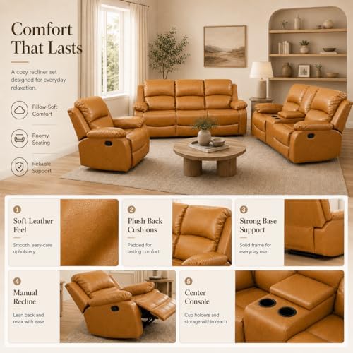 Living Room Furniture Set, 2 Piece Recliner Sofa Set, Leather Recliner Sofa Set - Image 6