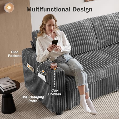 Sunny Heart 91" Plush Corduroy L Shaped Sectional Sleeper Sofa Bed - Image 6