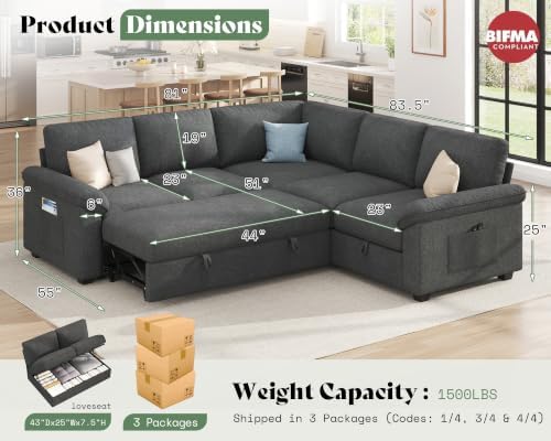 AMERLIFE 81" Sofa Bed, Sectional Sleeper Sofa - Image 3