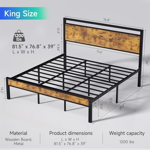 King Metal Bed Frame&Wood Headboard, Footboard&Underbed Space, Vintage Brown - Image 2
