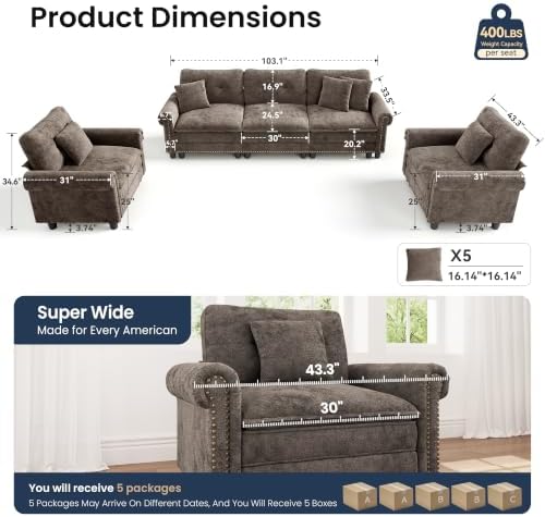 PHI VILLA Modular Sectional Sofa and Cloud Chair Set Living Room 3-Piece - Image 3