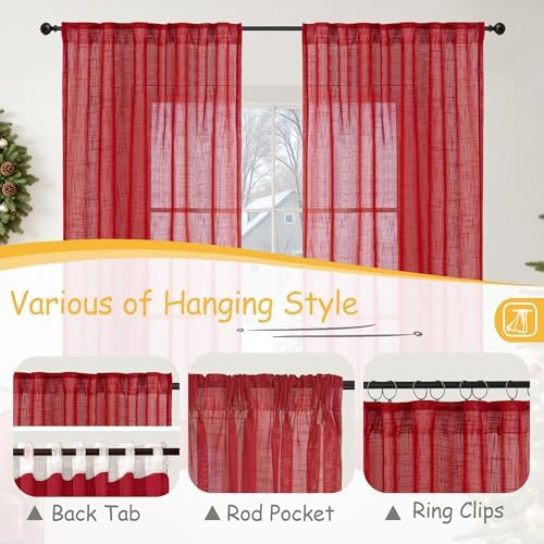 YoungsTex Red Linen Semi Sheer Curtains 84 Inch Length - Image 5