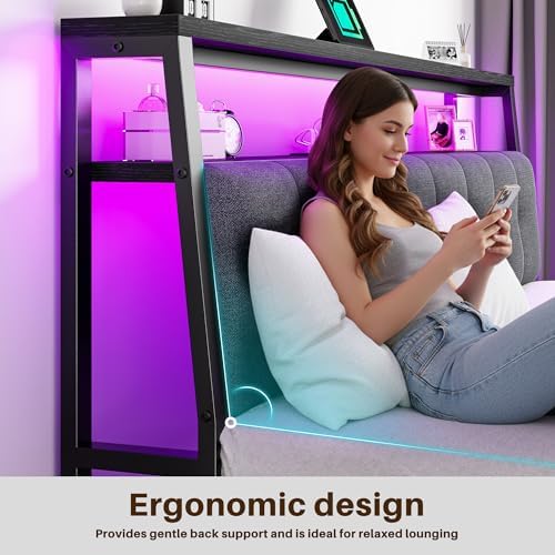 Homkdom King Bed Frame Upholstered Headboard, Charging Station - Image 6