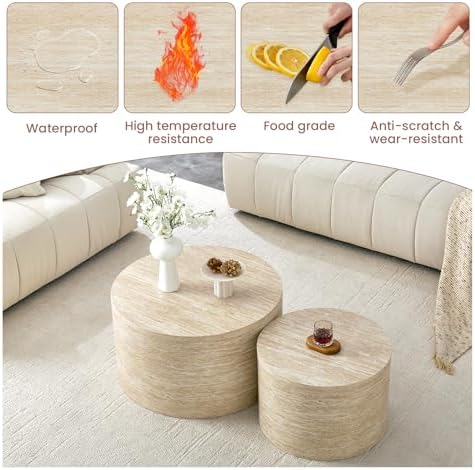 LKTART Travertine Round Nesting Coffee Table Set of 2 - Image 6