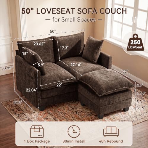 50" Love Seat with Ottoman, Small L Shape Cloud Sofa Couch, 2-Layer Cushion & - Image 2
