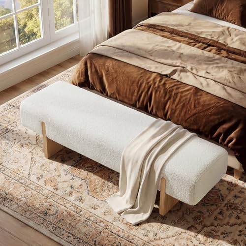 Upholstered End of Bed Bench, Solid Wood Legs & Soft Teddy Fabric - Image 5