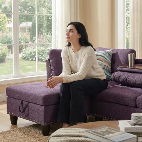 L-Shaped Couch Set, 97.5" L x 69.5" W Sectional Sofas Linen Purple - Image 7