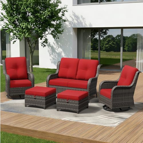 5 Piece Outdoor Wicker Patio Furniture Set, Outdoor Swivel Rocker Patio Chairs by Gardenbee