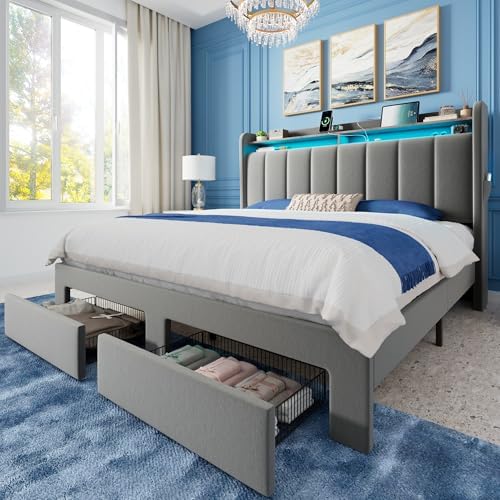 Allewie Queen Bed Frame with 2-Tier Storage Headboard & 2 Large Drawers by Allewie