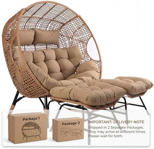 NICESOUL Double Egg Chair with Footstools & Cushions, Oversized Wicker Boho - Image 4