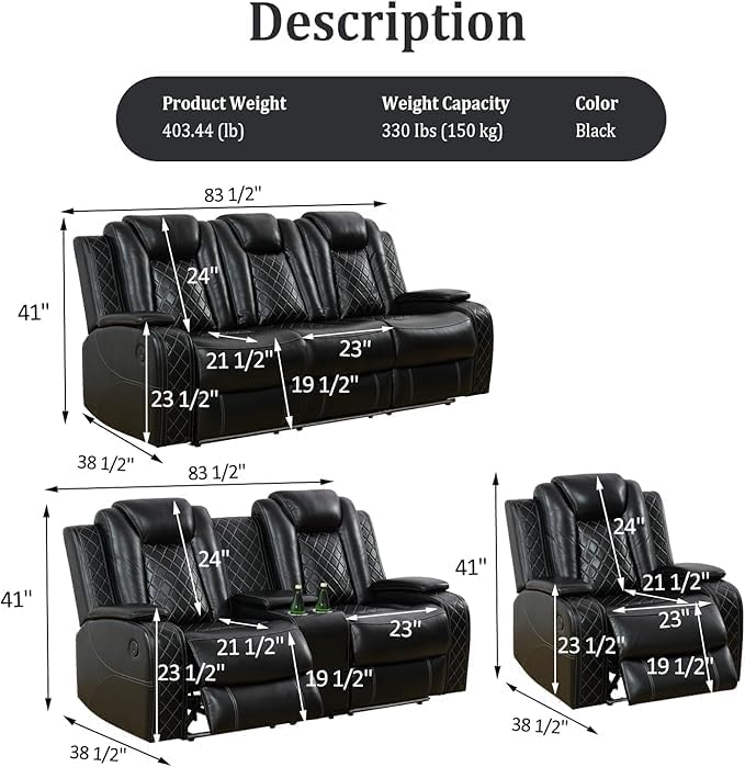 Power Recliner Set with LED Lights, Air Leather Reclining Set with USB - Image 2