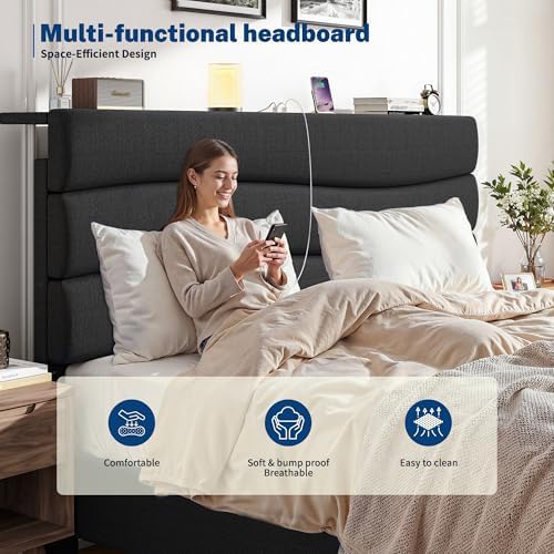 EnHomee Queen Bed Frame with Upholstered Headboard & Charging Station - Image 4