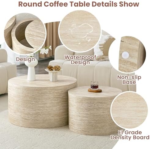LKTART Travertine Round Nesting Coffee Table Set of 2 - Image 4