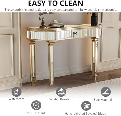 Gold Mirrored Console Table, Modern Luxury Entryway Vanity Desk Mirrored - Image 3