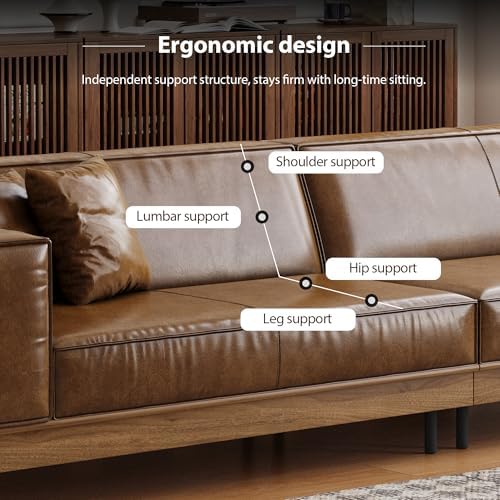 Mid-Century Modern PU Leather Sofa, 110.24" Brown Cloud Couch - Image 3