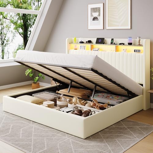 SHA CERLIN King Size LED Lift Up Storage Bed Frame Charging Station by SHACERLIN