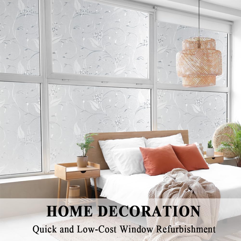 Mikomer Privacy Window Film Etched Flowers Static Cling Glass Door Film, Non Adhesive Heat Control Anti UV Window Cling for Office and Home Decoration,11.8 inches by 78.7 inches