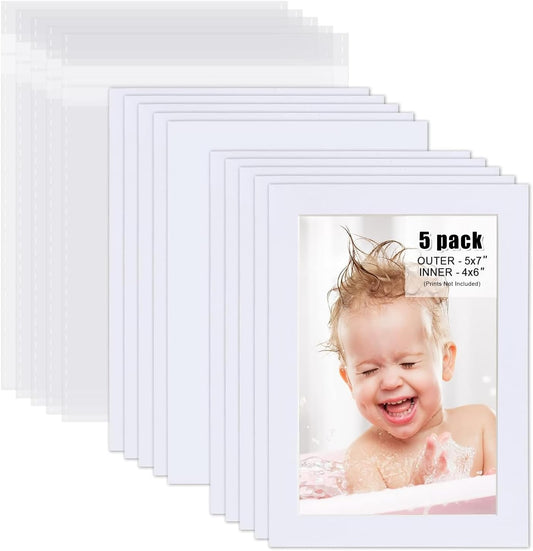 Egofine Pack of 5 White Pre-Cut 5x7 Picture Mat for 4x6 Photo with White Core Bevel Cut Mattes Sets. Includes 5 High Premier Acid Free Mats & 5 Backing Board & 5 Clear Bags