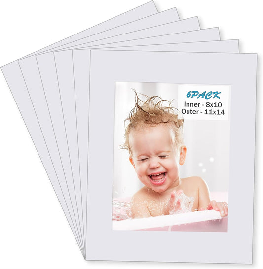 Egofine 11x14 White Picture Mats Pack of 6, Frame Mattes for 8x10 Pictures, Acid Free, 1.2mm Thickness, with Core Bevel Cut
