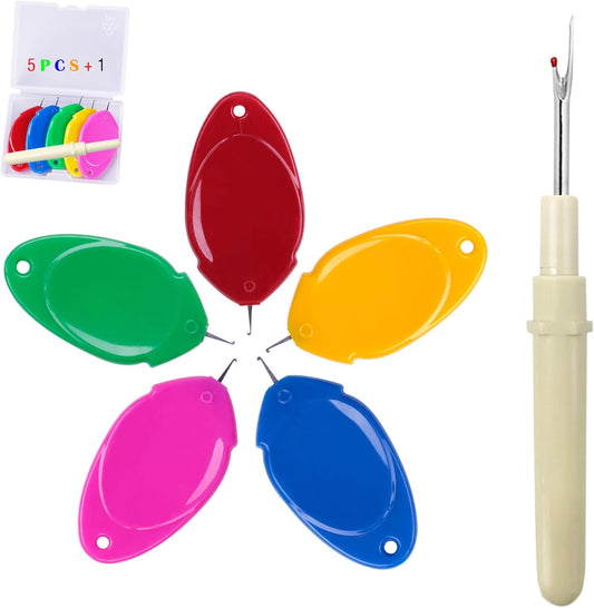 meeggrace Needle Threader, Small Needle Eye Threader Tool, Easy Threader for Machine and Hand Sewing, Fast and Precise Threading, Ideal for Needlework, with Transparent Box, 5 Colors in A Box(6PCS)