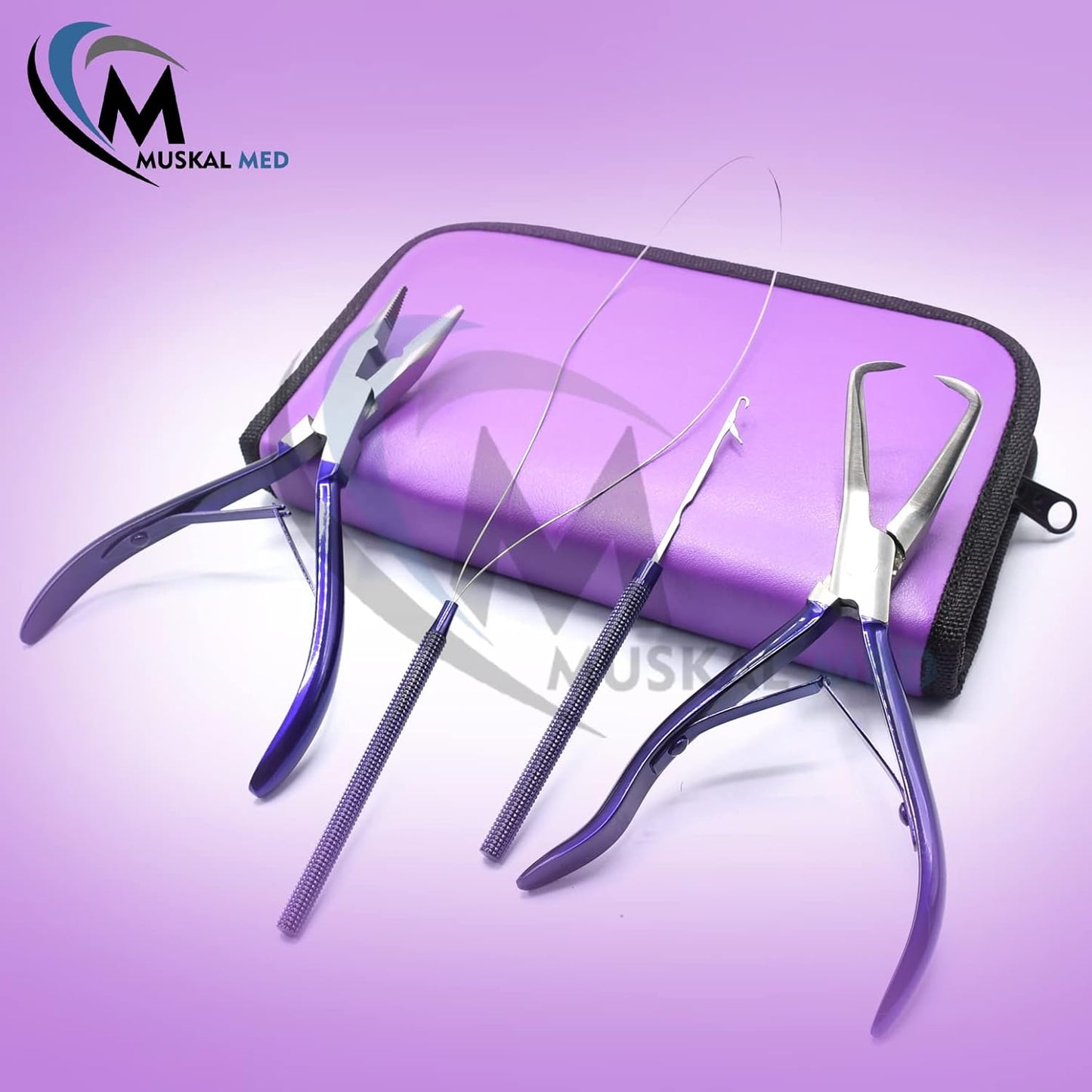 Professional Hair Extension & Beading Tool Kit Remove Plier Set for beads (4 Piece) I-Link Micro Ring Loop Needle Pulling Hook Threader Wire for Silicone Rings (Purple)