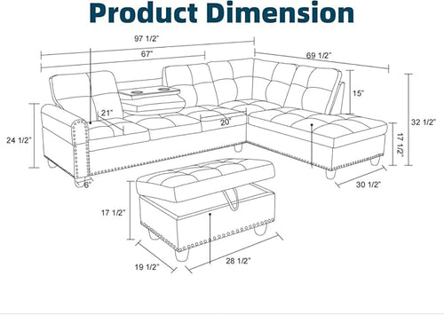 97.5" Red L Shaped Couch Set Leather, Modular Sectional Couches - Image 2