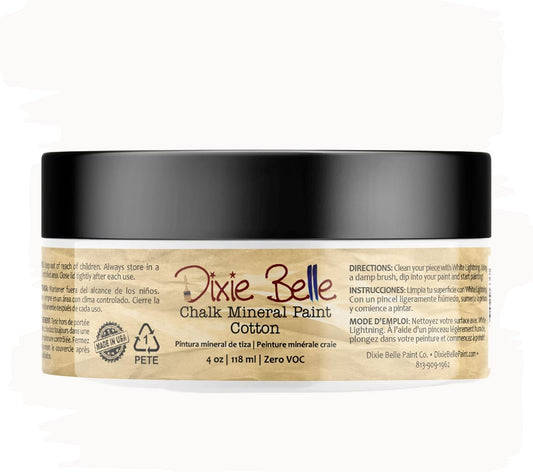 Dixie Belle Paint Company Chalk Finish Furniture Paint - Cotton (4oz) - Matte Pure White Chic Chalk Mineral DIY Furniture Paint