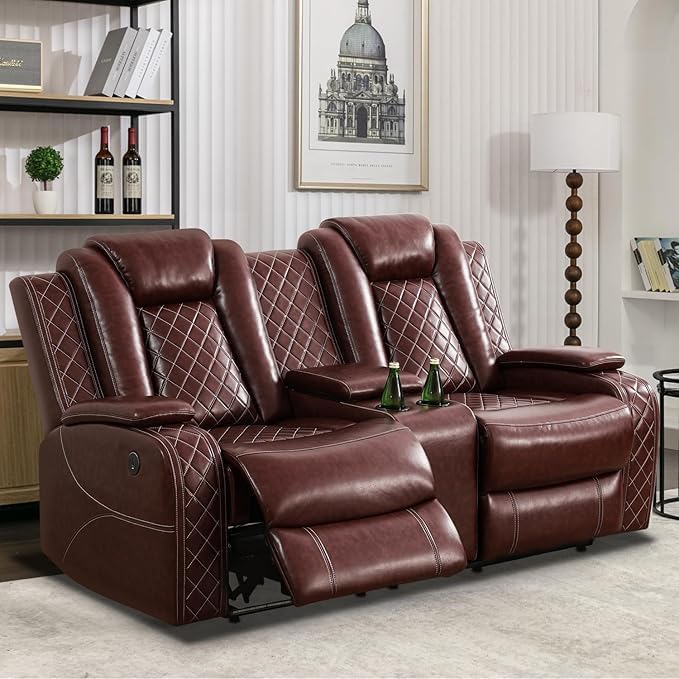 Power Recliner Set with LED Lights, Air Leather Reclining Set with USB by Unknown