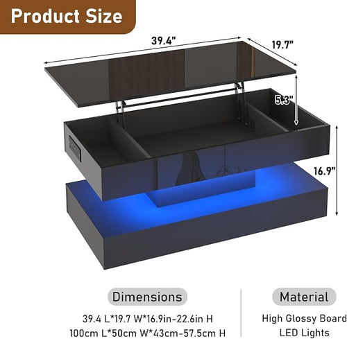 39.4" Large Lift Top Coffee Table, Modern High Glossy LED Coffee Tables - Image 2