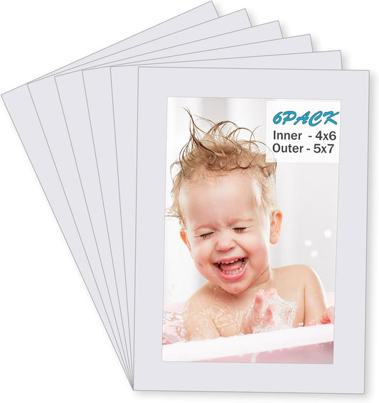 Egofine 5x7 White Picture Mats Pack of 6, Frame Mattes for 4x6 Pictures, Acid Free, 1.2mm Thickness, with Core Bevel Cut