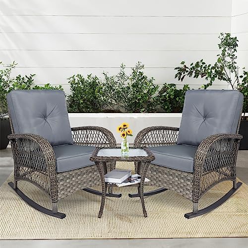 MEETWARM 3 Pieces Outdoor Wicker Rocking Chair Set, Rattan Patio Rocker Chairs by MEETWARM