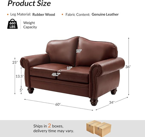 60" Wide Genuine Leather Chesterfield Loveseat, 2 Seat Leather Sofa - Image 2