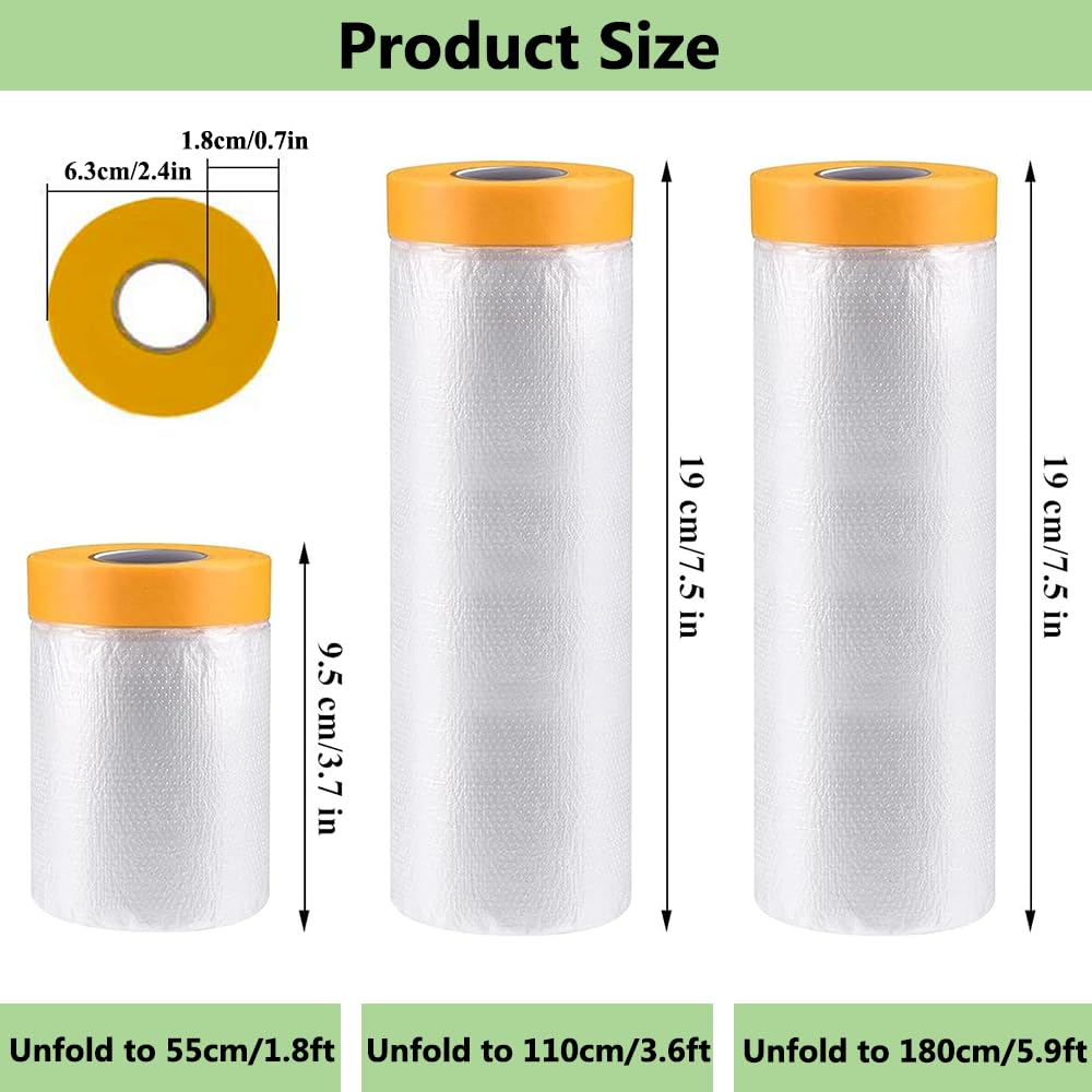 Pre-Taped Masking Film-70inx65ft Tape and Drape Painters Plastic Rolls, Plastic Painting Film for Automotive Painting Covering,Protective Drop Film for Furniture, Car, Floor (6rolls, 70in×65ft)