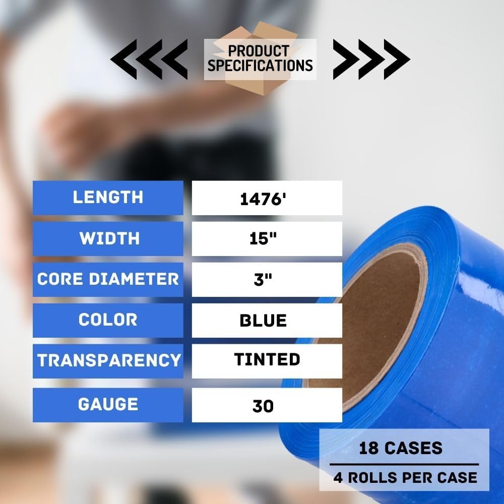 PSBM Blue Stretch Wrap, 15 Inch x 1476 Feet, 72 Pack, Tinted Pre-Stretched Shrink Wrap Film for Moving, Packaging, Pallet Wrapping