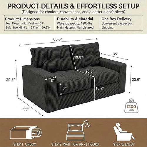 69" Corduroy Loveseat Sofa in a Box, High-Density Foam Couch, No Assembly - Image 2