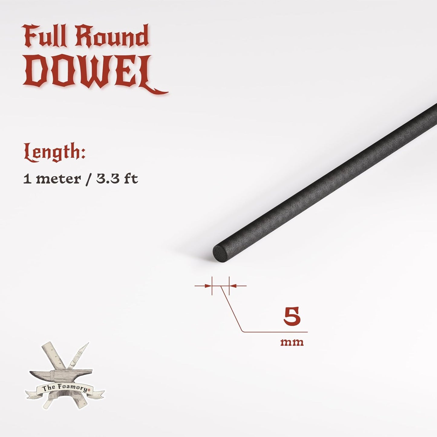 The Foamory's No Waste Full Round EVA Foam Dowel. 5-40mm x 1M High-Density Black Craft Foam Stick. Pre-Cut for Quick Cosplay Armor Trim, Weapon Enhancement and Costumes. Time Saving, Paint-Ready Bevel