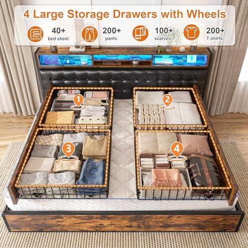 EnHomee King Bed Frame with 4 Drawers, Charge Station & LED Lights - Image 3
