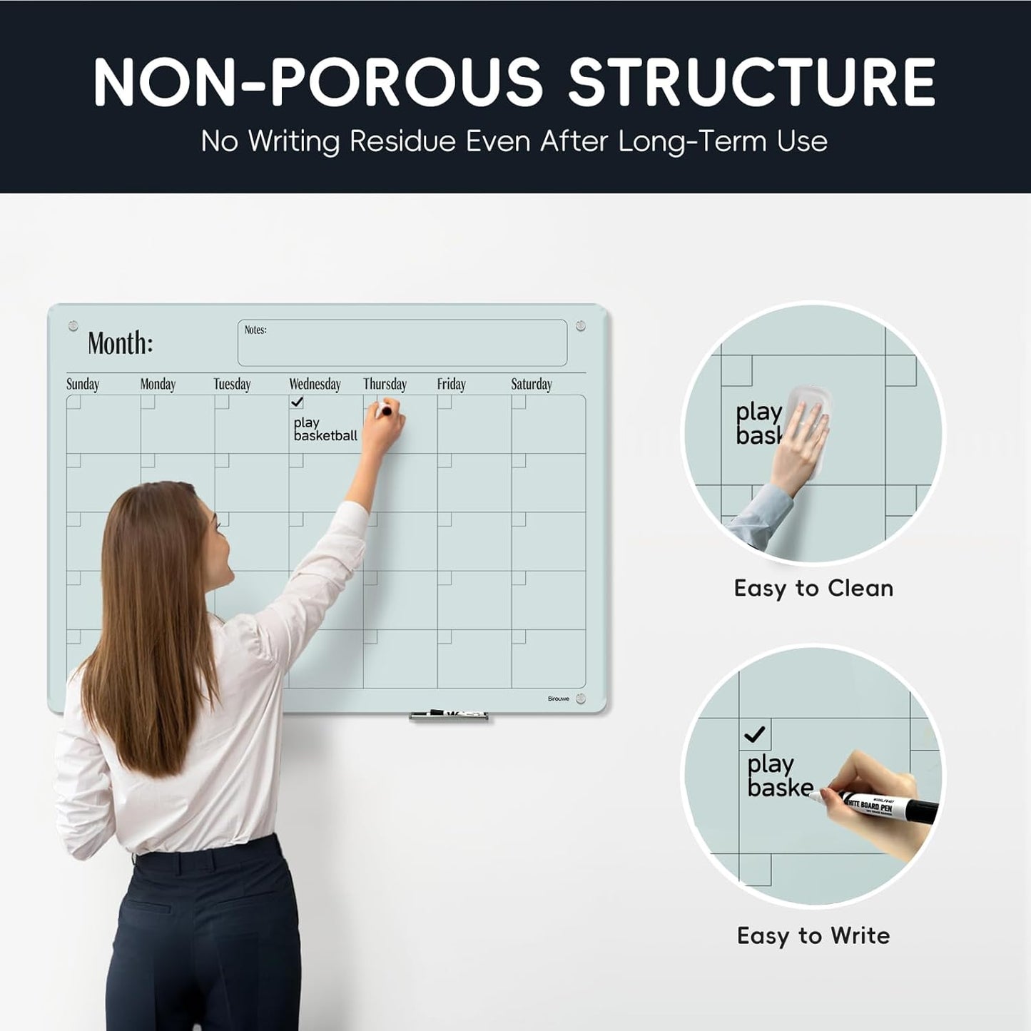 Magnetic Glass Monthly Calendar Whiteboard - Glass Dry Erase Board 48"x36" Large Frameless Glass Board for Walls Office School and Home