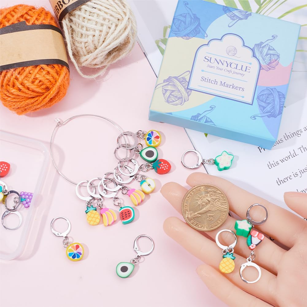 SUNNYCLUE 1 Box 40Pcs Stitch Markers Locking Crocheting Markers Knitting Fruit Polymer Clay Beads Cute Removable Clip on Charm Leverback Clasps Crochet Stitch Markers for Yarns Knit Crocheting Sewing