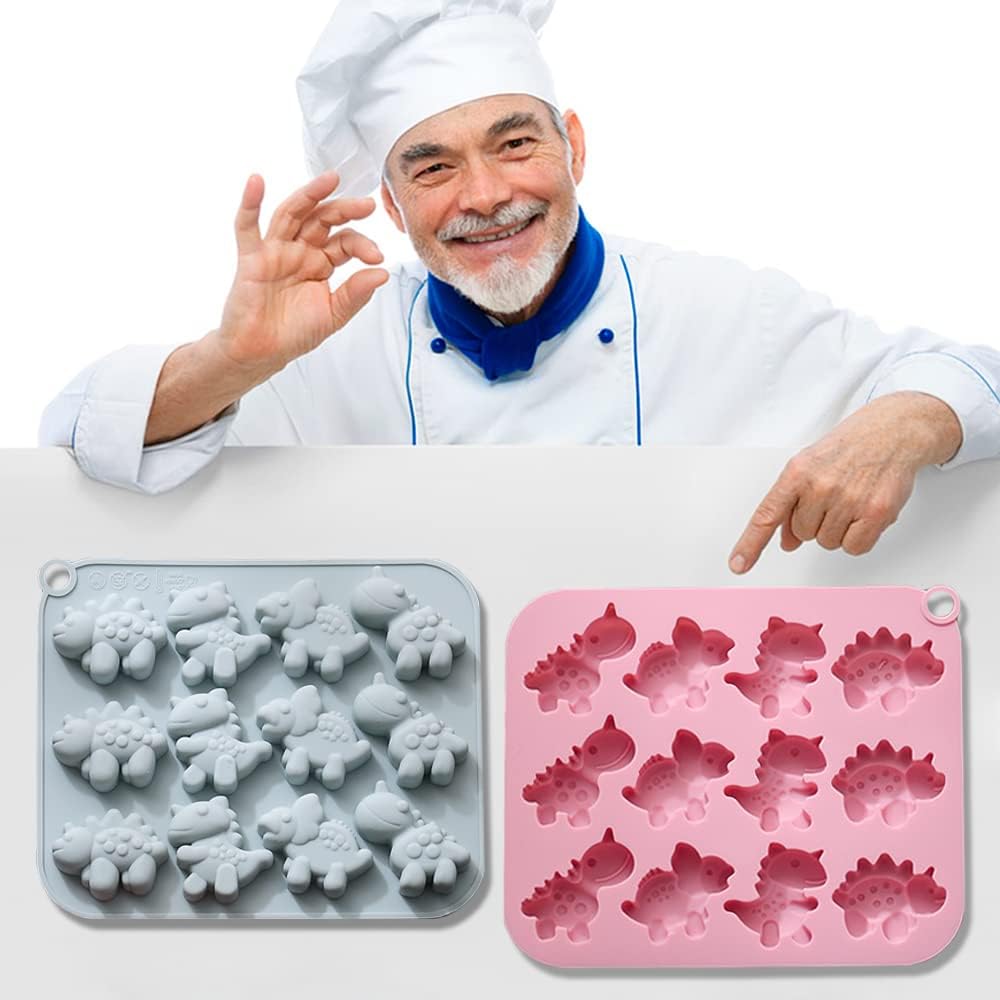 2 Pack Cute Dinosaur Silicone Molds 12 Cavity 3D Dinosaur Themed Baking Mould Tray DIY Baking Tool for Chocolate Cake Dessert Candy Mousse Pastry Handmade Soap Cupcake Topper