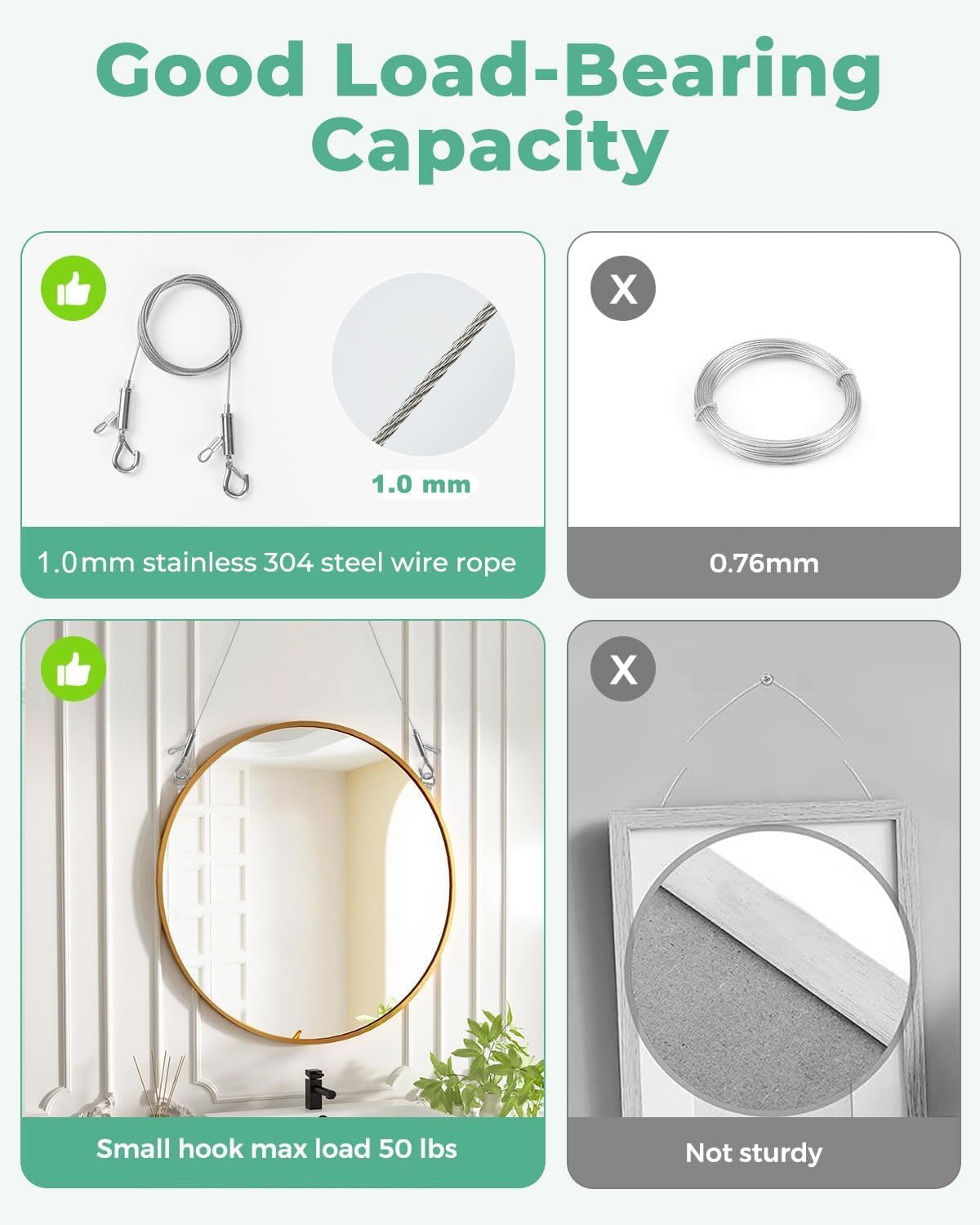 Picture Hanging Wire Kit, 4Pcs Adjustable Frame Wire 2m x 1mm Small Hooks Heavy Duty 50lbs, 8pcs 3-Hole D Rings Picture Hangers with Screws, for Canvas Paintings/ Mirrors/ Frames