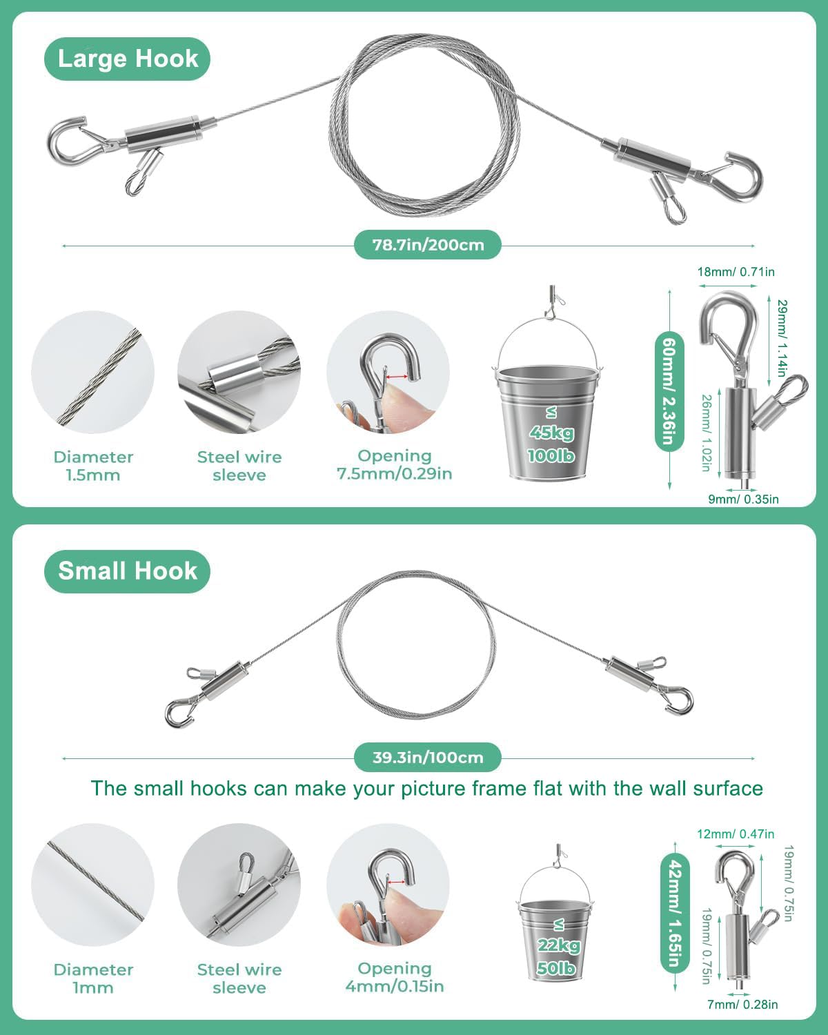 2PCS Adjustable Picture Hanging Wire 2m x 1.5mm Large Hooks, Picture Frame Wire Kit Heavy Duty 100lbs, Stainless Steel for Art, Mirror, Light Lamp, Billboards, Basket Flowerpot