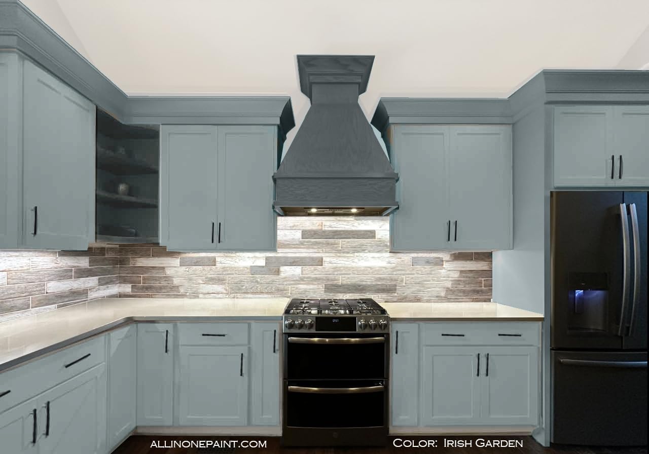 ALL-IN-ONE Paint, Durable cabinet and furniture paint. Built in primer and top coat, no sanding needed. Includes our 30 featured color card - Irish Garden (blue green), 8oz Sample