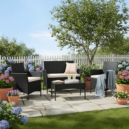 FDW 4-Piece Patio Furniture Set | Black & Beige | Outdoor Wicker Furniture - Image 2