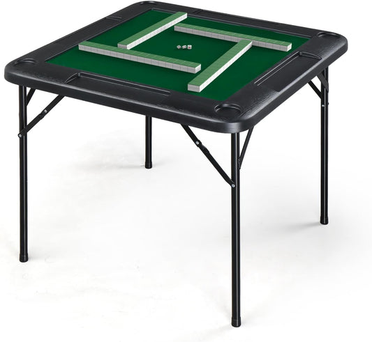 PEXMOR 39.5" Foldable Mahjong Table, Square 4 Player Card Game Table w/Cup Holders & Chip Grooves, Portable Folding Poker Domino Board Game Table for Blackjack, Texas Hold'em, Jigsaw Puzzles Game