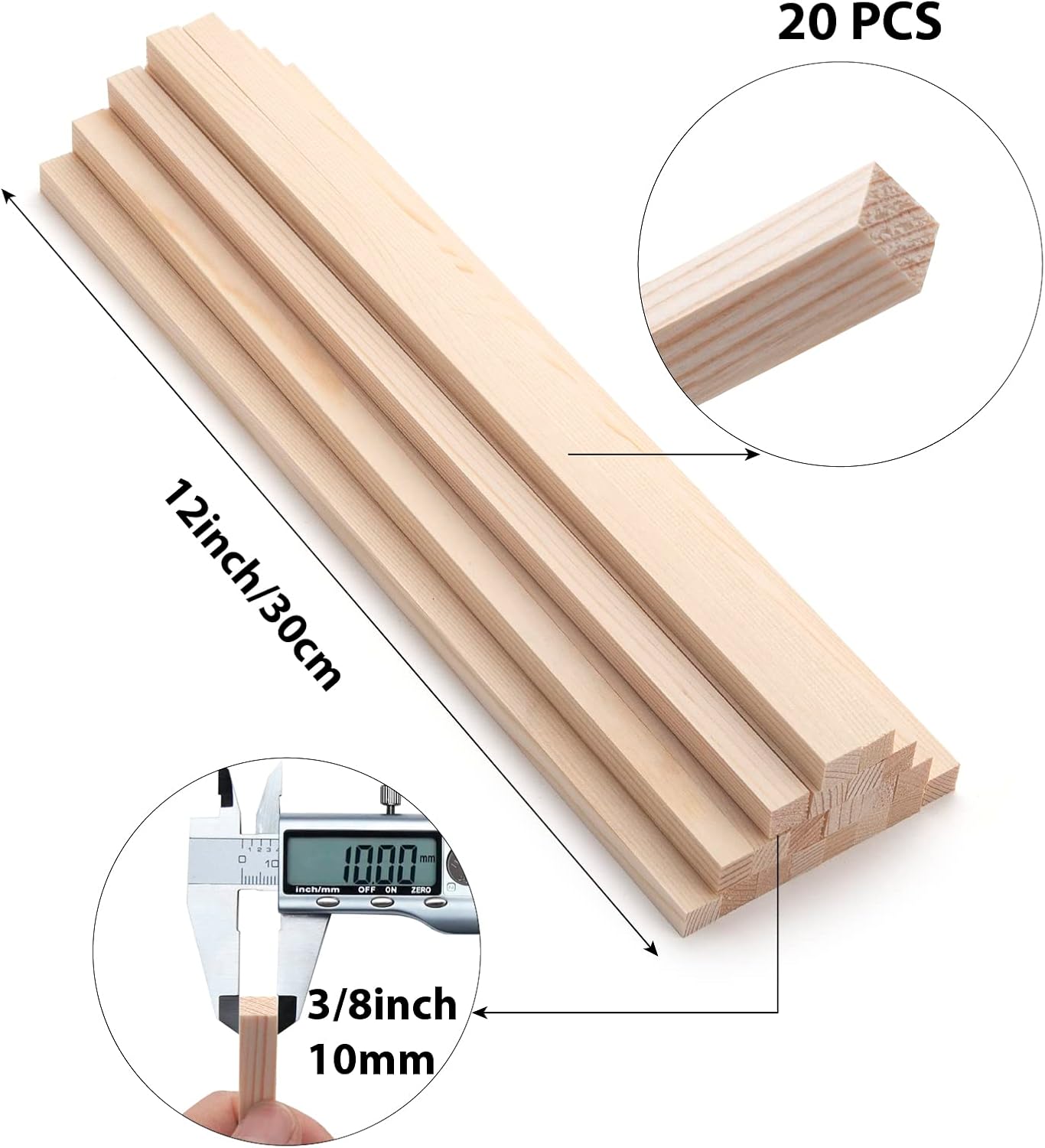 Square Wood Dowel Rods Wooden Craft Sticks, 20PCS 3/8" x 12" Wooden Square Dowel Rods for Crafting, Unfinished Hardwood Sticks Wood Pieces for Arts and DIYers, DIY Projects, Home Decor, Woodworking